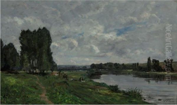 Washerwoman On The Riverbank Oil Painting by Hippolyte Camille Delpy