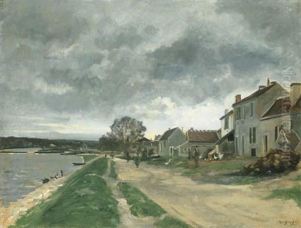 Village En Bord De Riviere by Hippolyte Camille Delpy