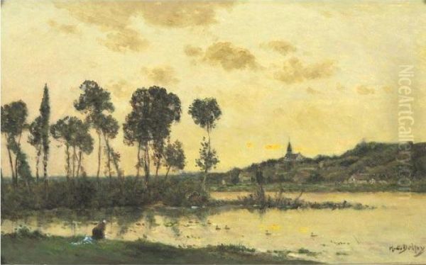 Washerwomen At The Edge Of The Oise Oil Painting by Hippolyte Camille Delpy