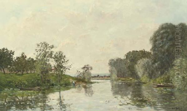 A River Landscape, Summer Oil Painting by Hippolyte Camille Delpy