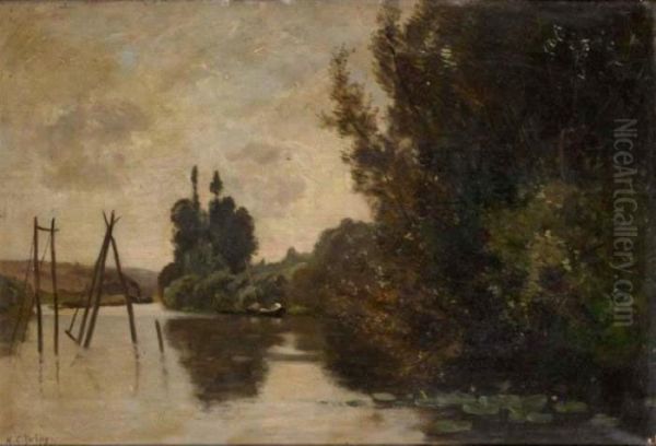 River Landscape At Sunset Oil Painting by Hippolyte Camille Delpy