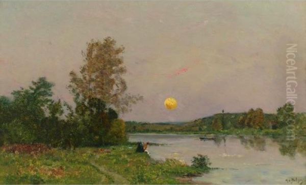 Lavandiere Et Barques, Soleil Couchant Oil Painting by Hippolyte Camille Delpy