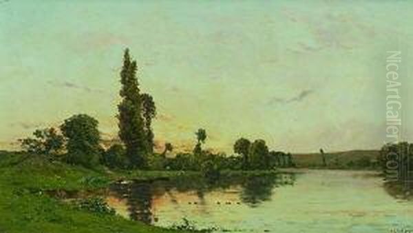 Franzosische
 Flusslandschaft Oil Painting by Hippolyte Camille Delpy