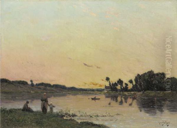 On The Riverbank At Sunset Oil Painting by Hippolyte Camille Delpy