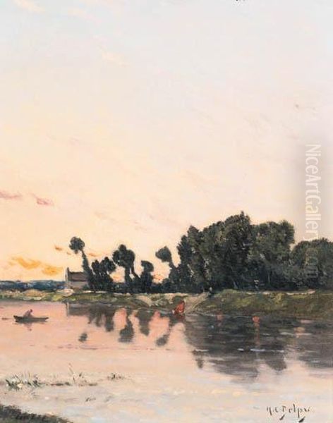 A Lake Landscape At Sunset Oil Painting by Hippolyte Camille Delpy