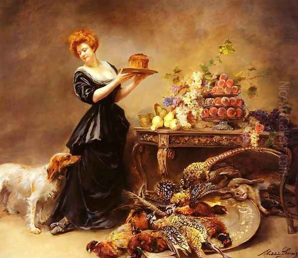 Allegorie De L'Automne: La Duchesse De Gramont Presente Un Etalage De Fruits Et De Giber (Allegory Of Autumn: The Duchess of Gramont with a Spread of Fruit and Fowl) Oil Painting by Madeleine Jeanne Lemaire