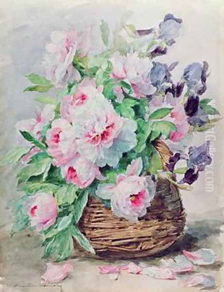 Irises and Peonies in a Basket Oil Painting by Madeleine Jeanne Lemaire