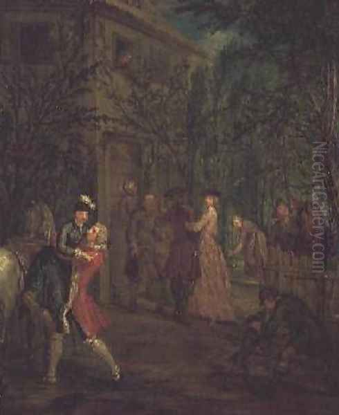 Elegant figures outside a house Oil Painting by Marcellus, the Younger Laroon