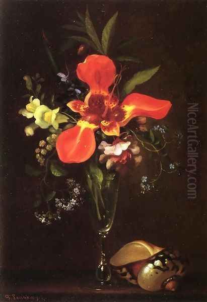 Vase of Flowers and a Shell Oil Painting by Paul Lacroix