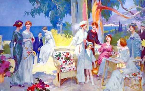 Tea Party in a garden on the French Riviera Oil Painting by Rene Lelong