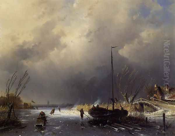 A Winter Landscape with Skaters Oil Painting by Charles Henri Leickert