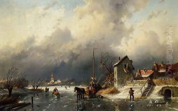 A Frozen River Landscape with a Horsedrawn Sleigh Oil Painting by Charles Henri Leickert