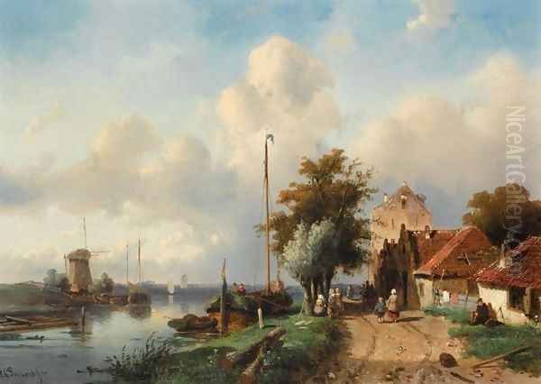 River Landscape Oil Painting by Charles Henri Leickert