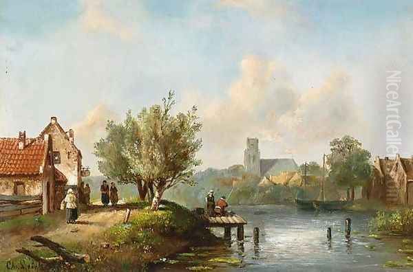 Figures Near a Waterside Inn Oil Painting by Charles Henri Leickert