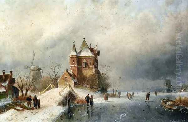 Skaters in Holland Oil Painting by Charles Henri Leickert