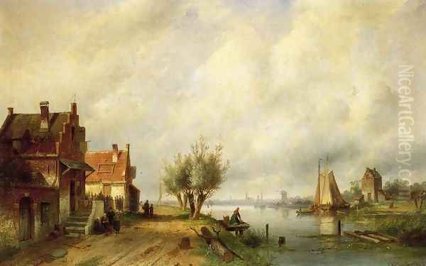 A River Landscape in Summer with Peasants Conversing by Old Houses along a Road, Moored Shipping Across, a Town in the Distance Oil Painting by Charles Henri Leickert