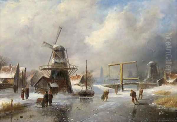 Overtoom bij Amsterdam skaters on a frozen canal Oil Painting by Charles Henri Leickert