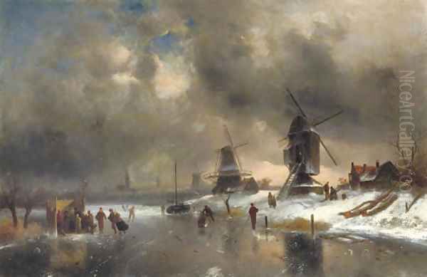 Windmills along a frozen waterway with a 'koek en zopie' Oil Painting by Charles Henri Leickert