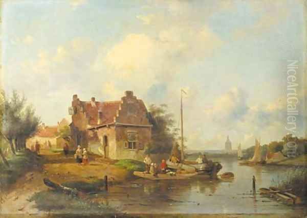 A river landscape with a ferry, a town beyond Oil Painting by Charles Henri Leickert