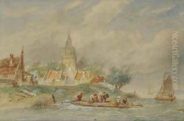 A ferry crossing a river Oil Painting by Charles Henri Leickert