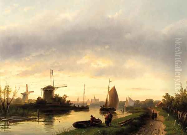 A river landscape at dusk, with Haarlem in the distance Oil Painting by Charles Henri Leickert