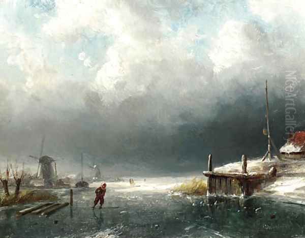 A skater on the ice, windmills in the distance Oil Painting by Charles Henri Leickert