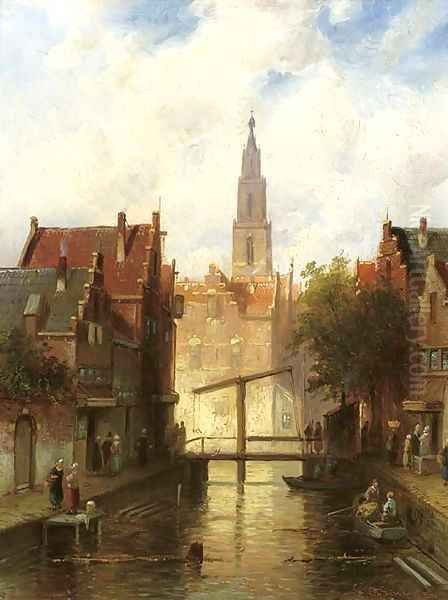 A view of a town with figures by a drawbridge Oil Painting by Charles Henri Leickert