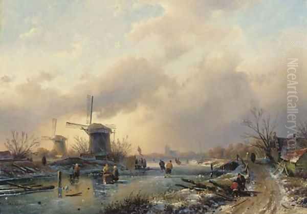 Figures on the ice by a koek en zopie, a country road leading to a town in the distance Oil Painting by Charles Henri Leickert