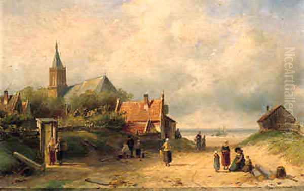 A coastal village with fisherfolk conversing in the foreground Oil Painting by Charles Henri Leickert