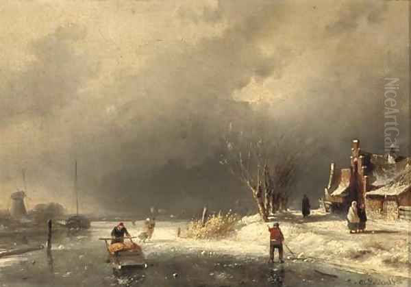 A cold day in winter Oil Painting by Charles Henri Leickert