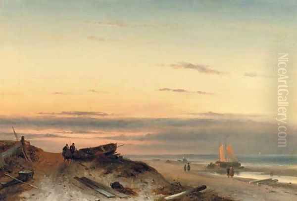 A late afternoon on the beach in summer Oil Painting by Charles Henri Leickert