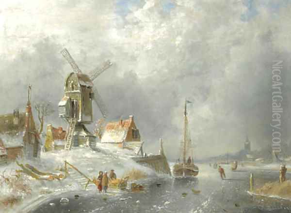 A winter landscape with figures on the ice Oil Painting by Charles Henri Leickert