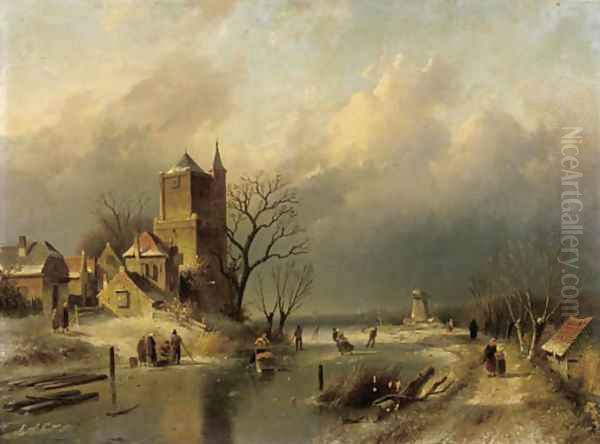 A winter landscape with skaters on a frozen river by a stronghold Oil Painting by Charles Henri Leickert