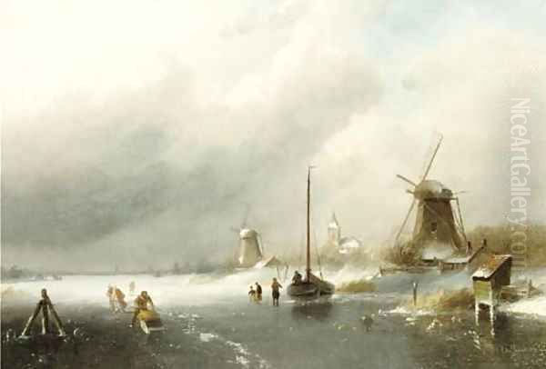 Figures on a frozen river, with windmills beyond Oil Painting by Charles Henri Leickert