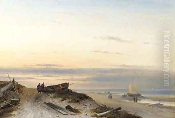 Fishermen on a beach at sunset Oil Painting by Charles Henri Leickert