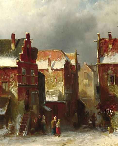 Numerous townsfolk in a street in winter Oil Painting by Charles Henri Leickert