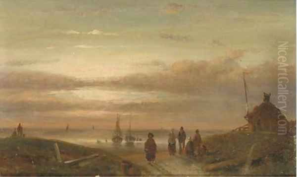 Sunset on the beach Oil Painting by Charles Henri Leickert