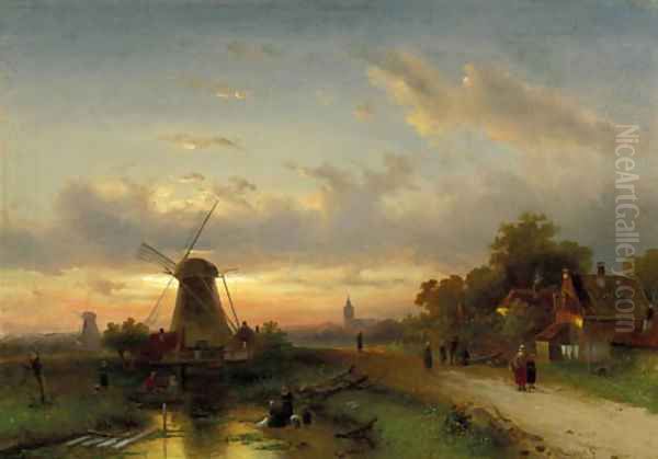 Villagefolk returning home at dusk Oil Painting by Charles Henri Leickert