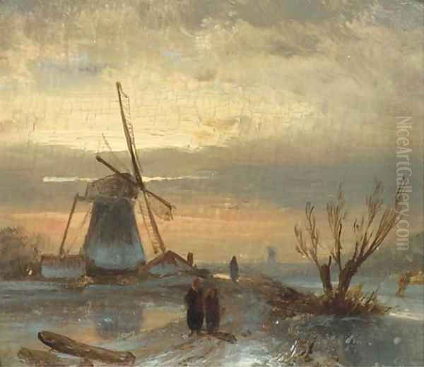 Winter evening Oil Painting by Charles Henri Leickert