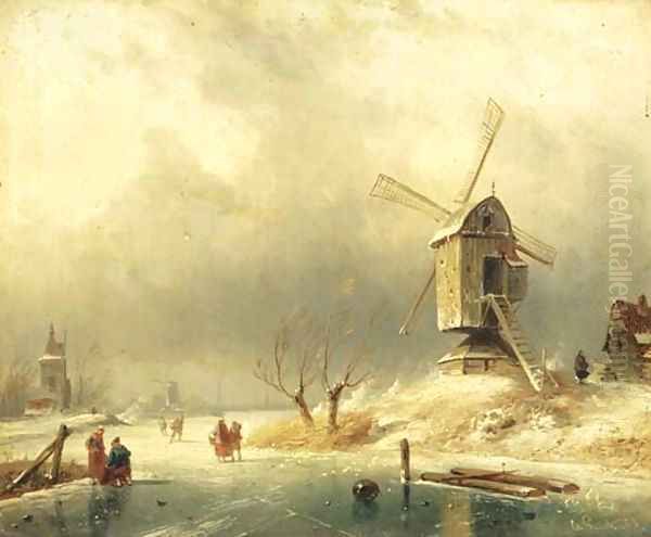 Winter figures on the ice by a windmill Oil Painting by Charles Henri Leickert