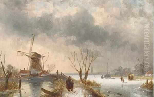 A frozen winter landscape Oil Painting by Charles Henri Leickert