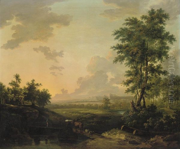 A Wooded River Landscape With A Drover Crossing A Bridge With Hiscattle Oil Painting by Jean Louis (Marnette) De Marne