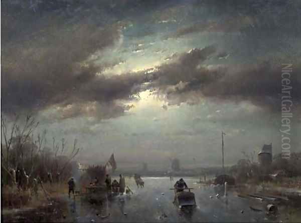 A moonlit landscape in winter with skaters by a koek-en-zopie Oil Painting by Charles Henri Leickert