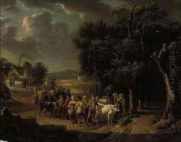 A Wooded Landscape With Officers On Horseback, Cattle, And Figures Conversing On A Track Oil Painting by Jean Louis (Marnette) De Marne