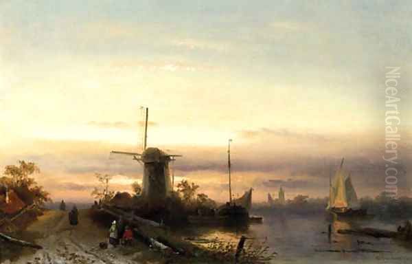 A river landscape with figures on a path at dusk, a town beyond Oil Painting by Charles Henri Leickert