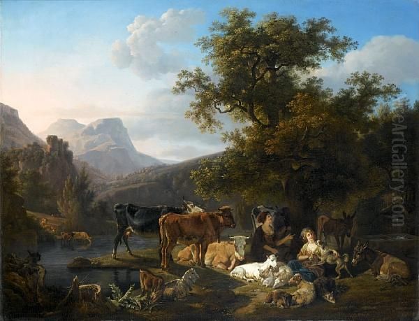 Two Shepherdesses And Their 
Flock Resting Beside A Stream, A Mountainous Landscape Beyond Oil Painting by Jean Louis (Marnette) De Marne