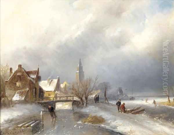 A winter's day with skaters on the ice Oil Painting by Charles Henri Leickert