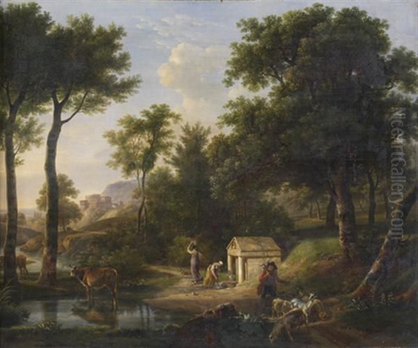 Scene Pastorale A La Fontaine Dans Un Paysage Classique Oil Painting by Jean Louis (Marnette) De Marne