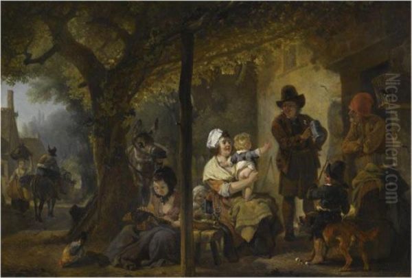 Figures Gathered Outside An Inn Oil Painting by Jean Louis (Marnette) De Marne