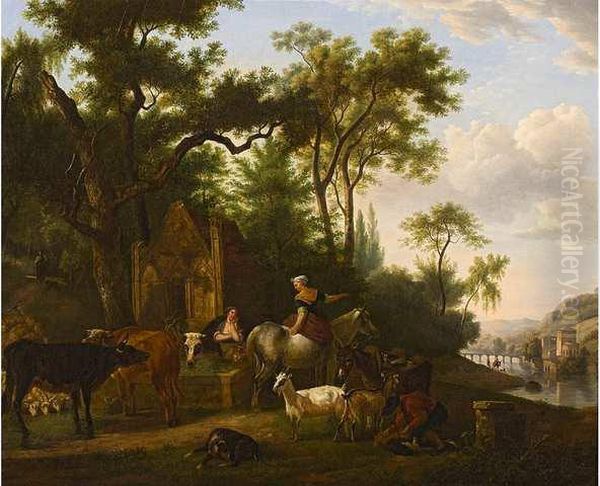 Scene Pastorale Pres D Une Fontaine Oil Painting by Jean Louis (Marnette) De Marne